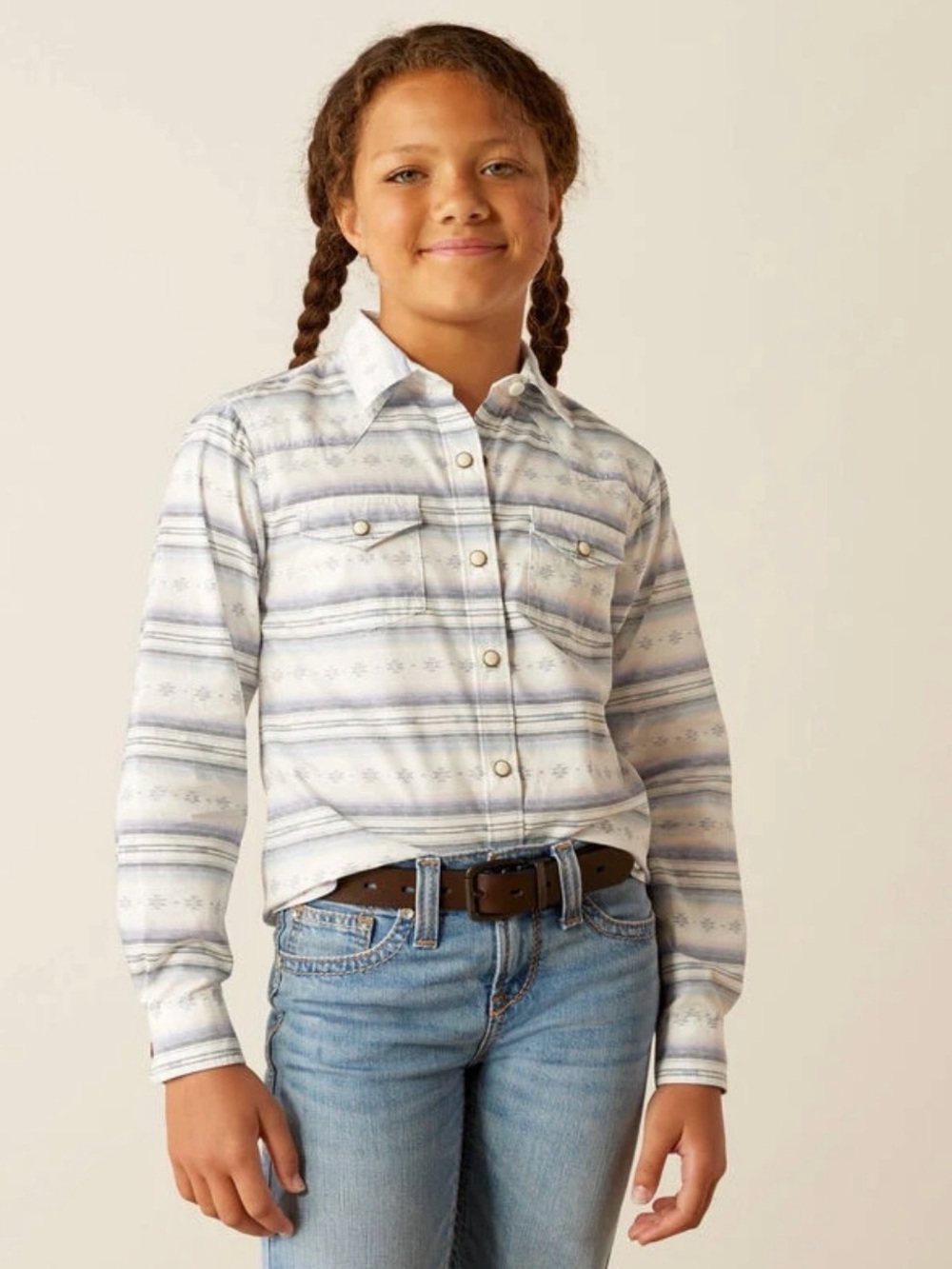 Ariat Girls' White and Light Blue Striped Button-Down Shirt